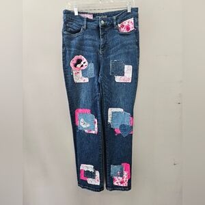 Blue and Pink Skinny Jeans with Geometric Pattern